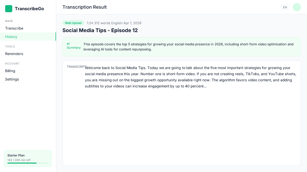 TranscribeGo che mostra una trascrizione completata con timestamp e testo