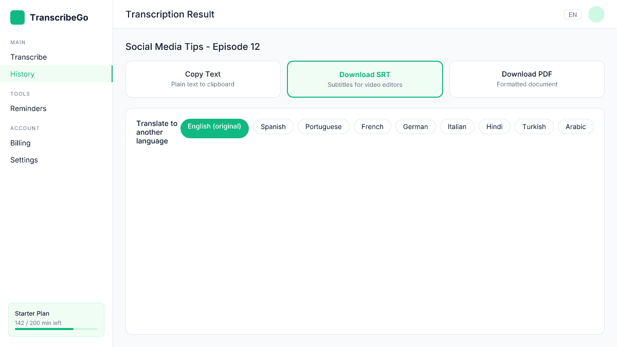 Opzioni di esportazione di TranscribeGo che mostrano download SRT, copia testo e funzionalità di traduzione