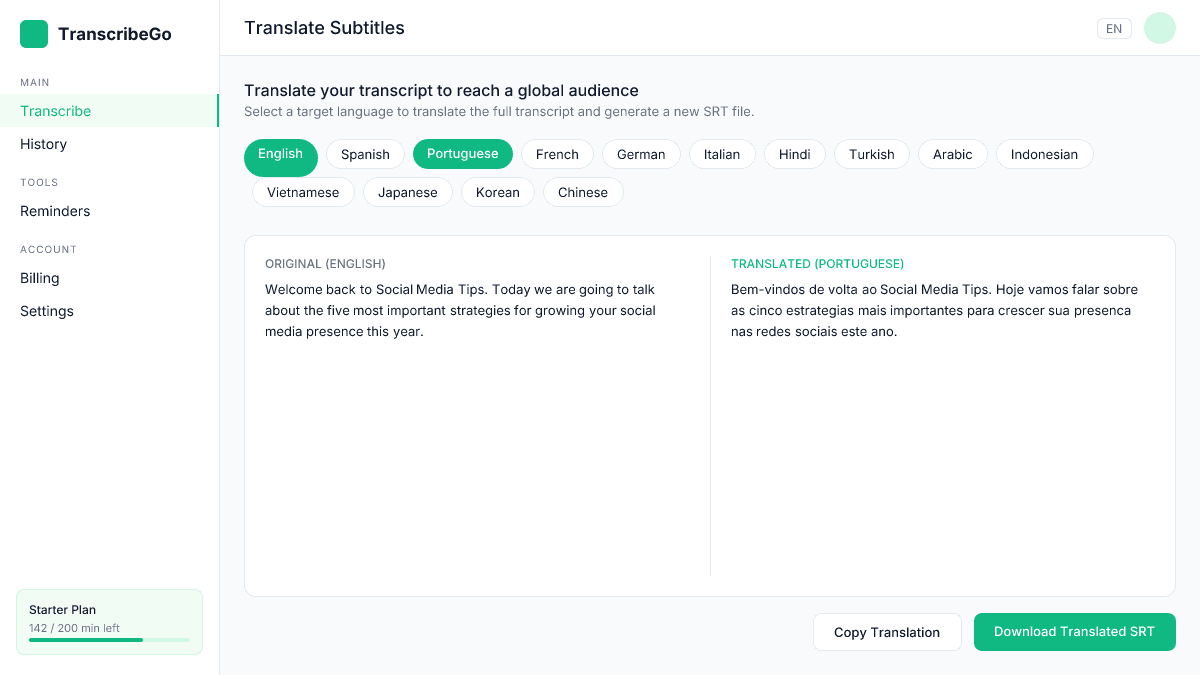 Interfaccia di traduzione di TranscribeGo che mostra opzioni di lingua per la traduzione dei sottotitoli