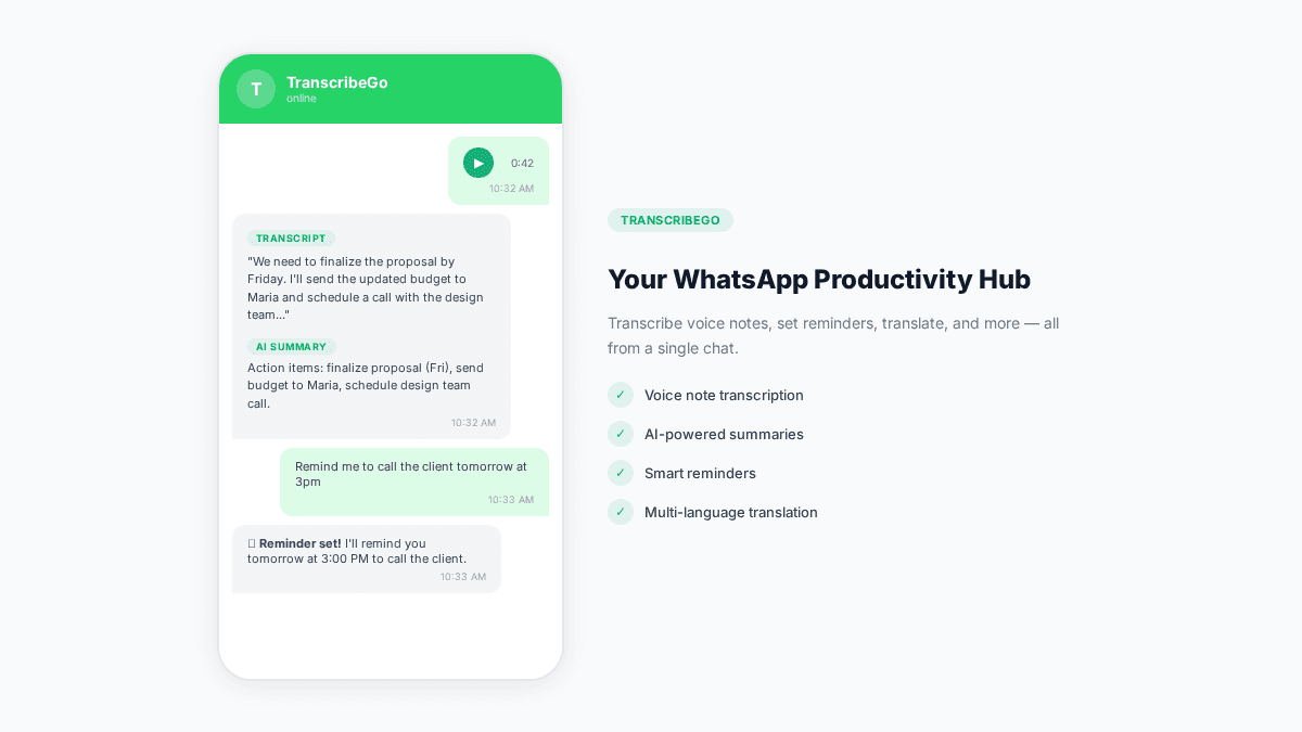 TranscribeGo WhatsApp bot transcribing a voice note and setting a reminder