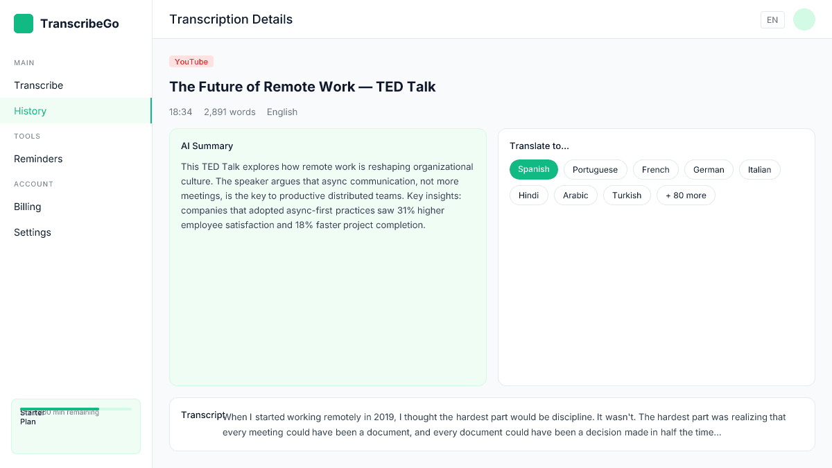 TranscribeGo AI-Zusammenfassung und Transkriptansicht zeigt die aus einem Meeting extrahierten Hauptpunkte