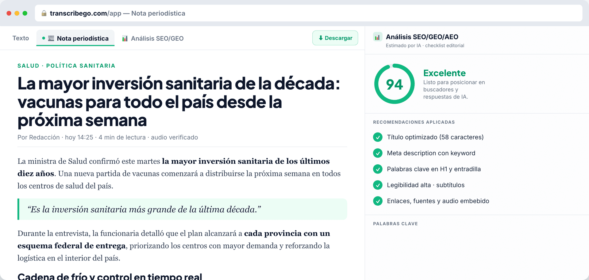 La pestaña de Artículo de Noticias mostrando un artículo formateado junto a un alto puntaje de análisis SEO/GEO/AEO