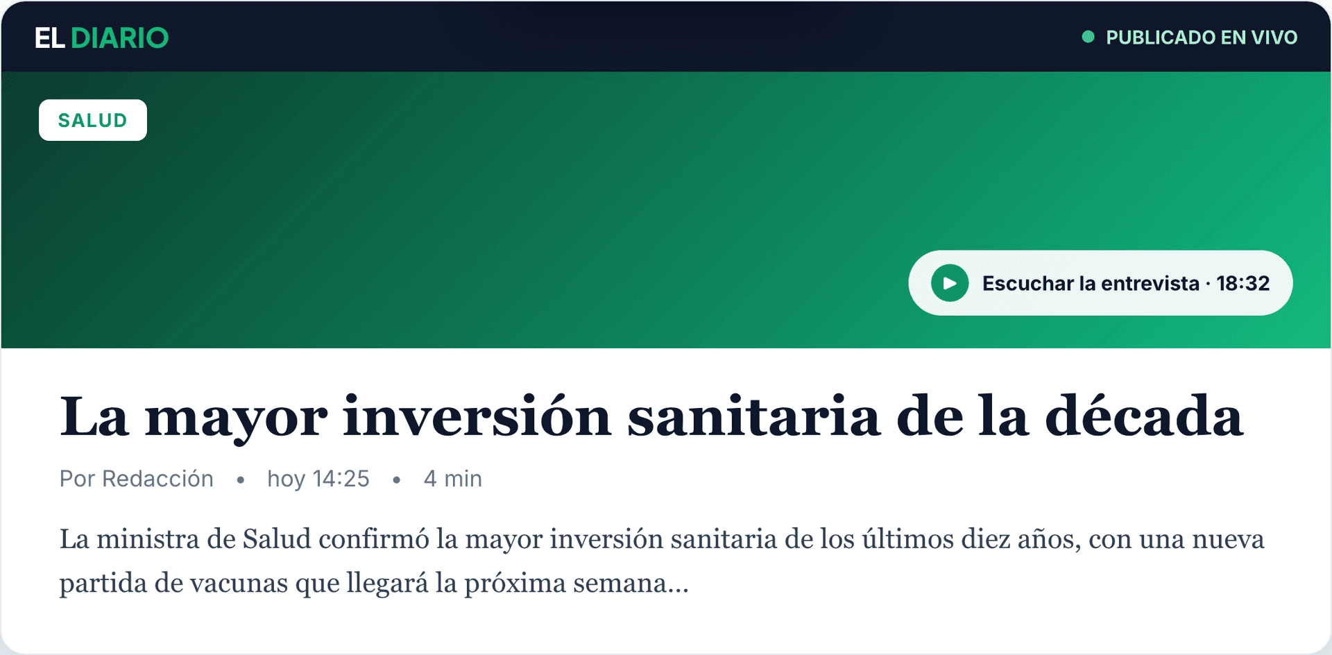 Un artículo terminado publicado como una historia de periódico, exportable a Word, PDF o un CMS