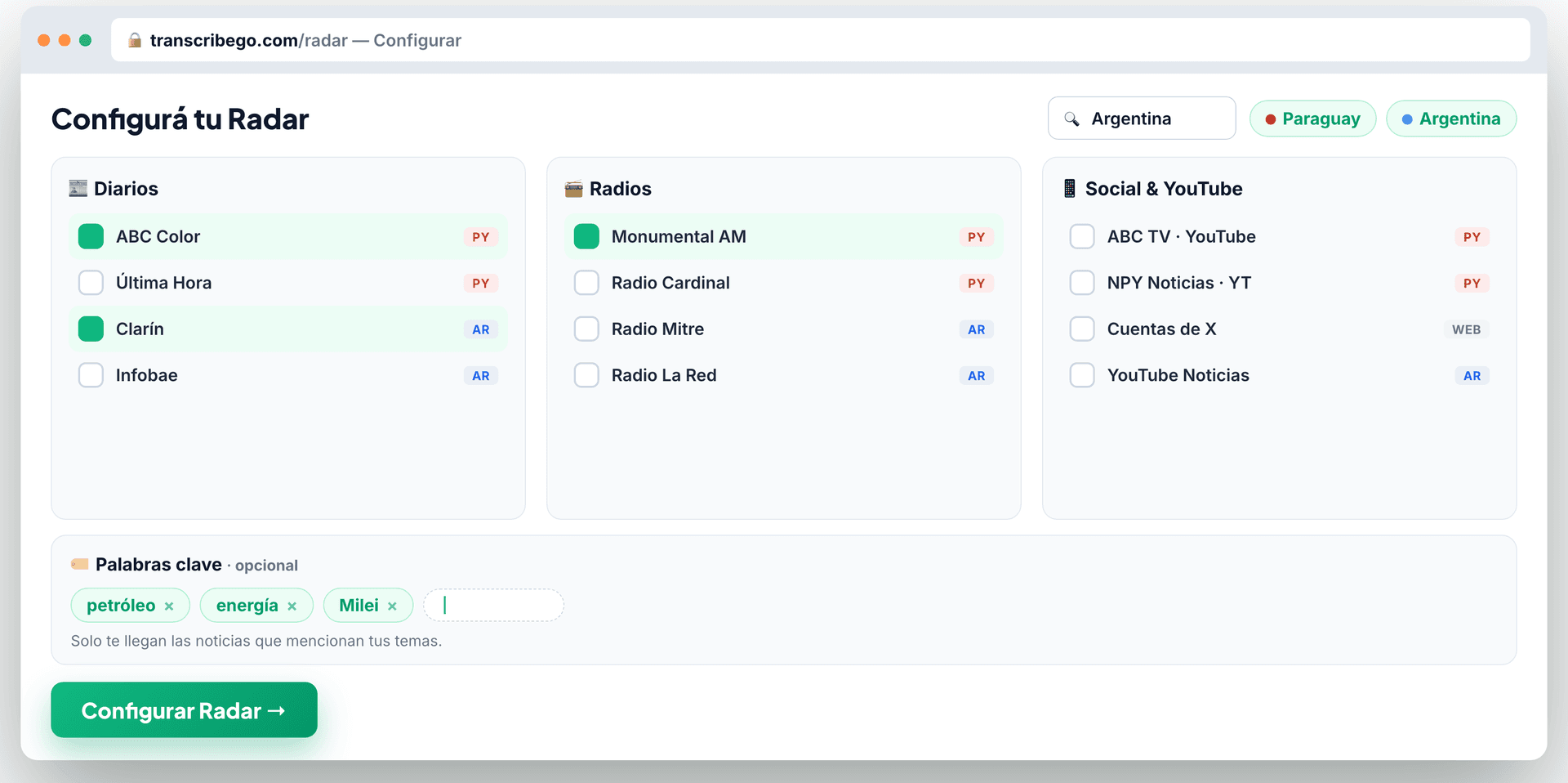 La pantalla de configuración del Radar de medios: a medida que agregas países, sus periódicos, radios y canales sociales aparecen para activar