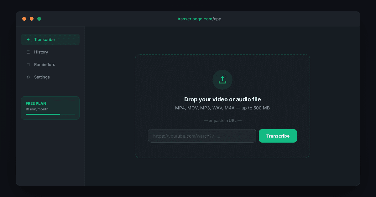 Interfaccia di TranscribeGo che mostra la generazione automatica di sottotitoli con download SRT