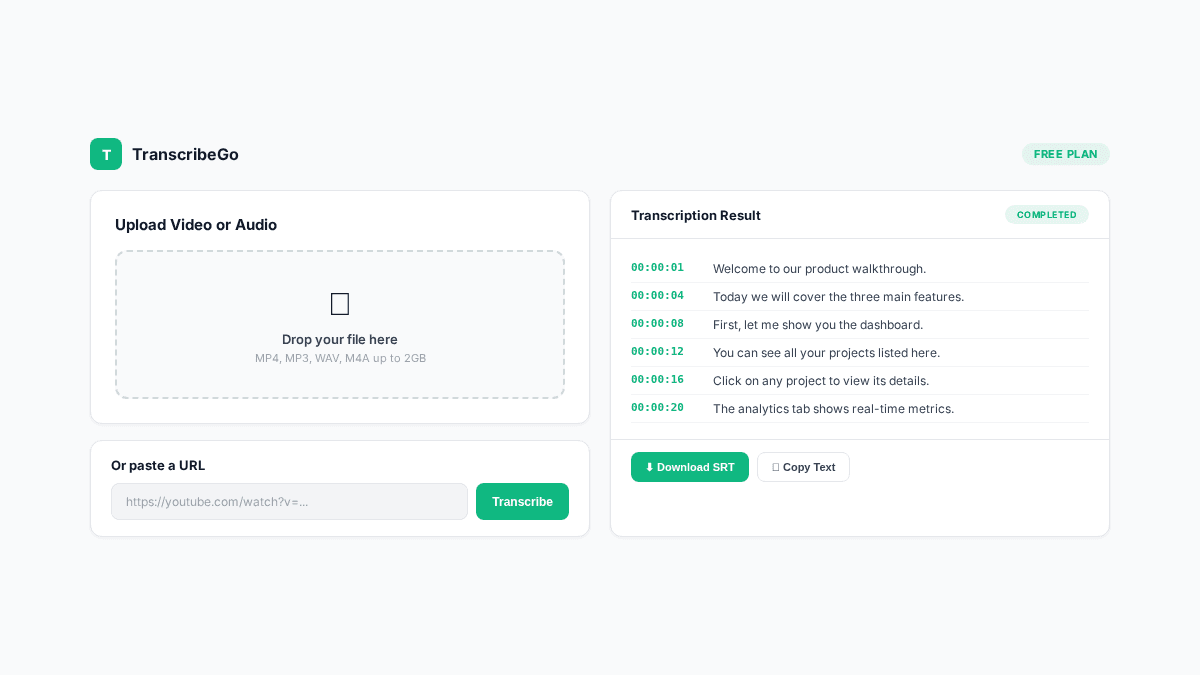 Interface do TranscribeGo mostrando a geração automática de legendas com download de SRT