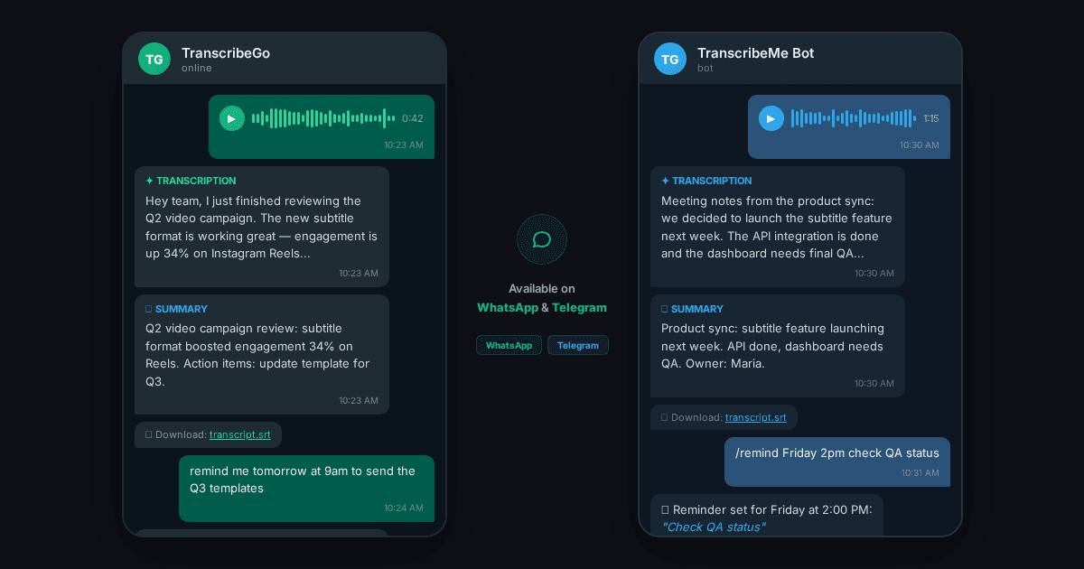 Trascrizione URL di TranscribeGo che mostra la generazione di sottotitoli per YouTube e TikTok