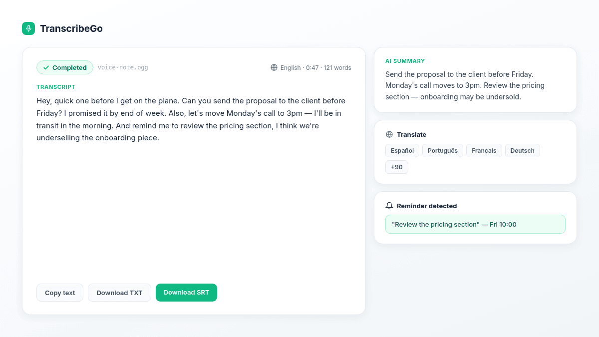 Página de resultados de TranscribeGo mostrando la transcripción del OGG con resumen de IA, traducción y opciones de exportación SRT