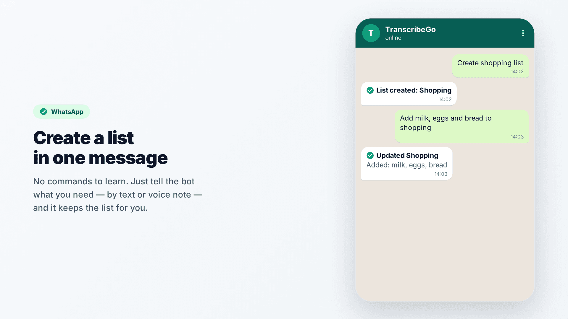 Chat do WhatsApp criando uma lista de compras e adicionando leite, ovos e pĂŁo, com o bot do TranscribeGo confirmando cada passo