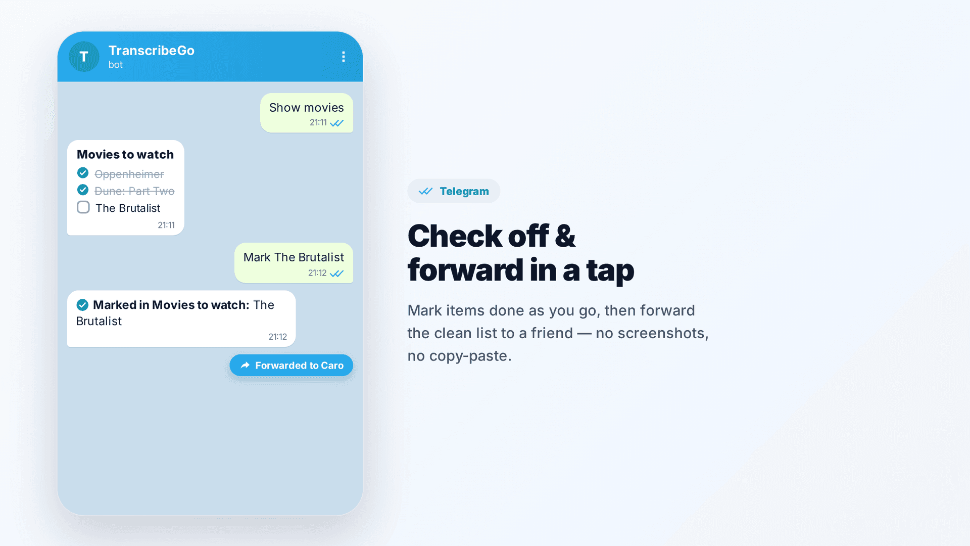 Chat do Telegram mostrando uma lista de filmes para assistir sendo marcada como completa e encaminhada para um amigo, no azul do Telegram