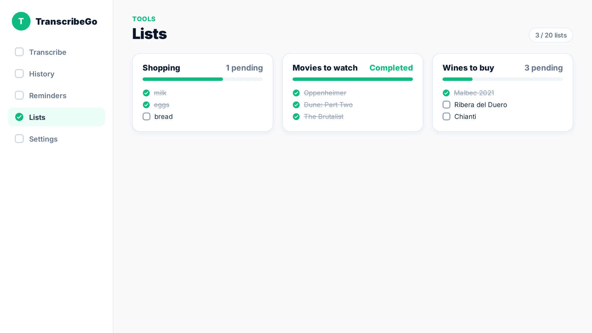 Painel web do TranscribeGo mostrando vĂĄrias listas â Compras, Filmes, Vinhos â com indicadores de progresso