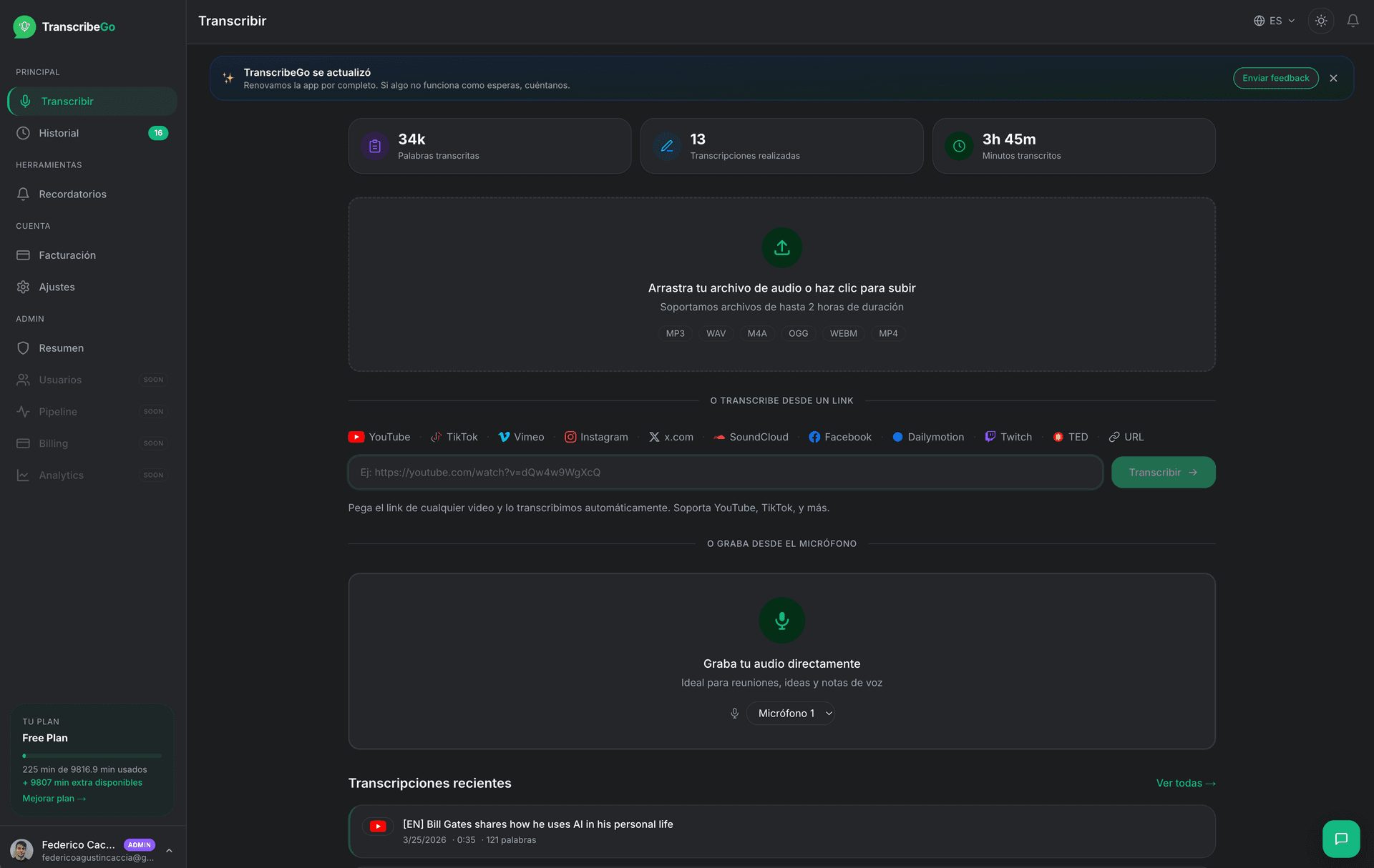 Màn hình chính của TranscribeGo với khu vực tải lên kéo và thả