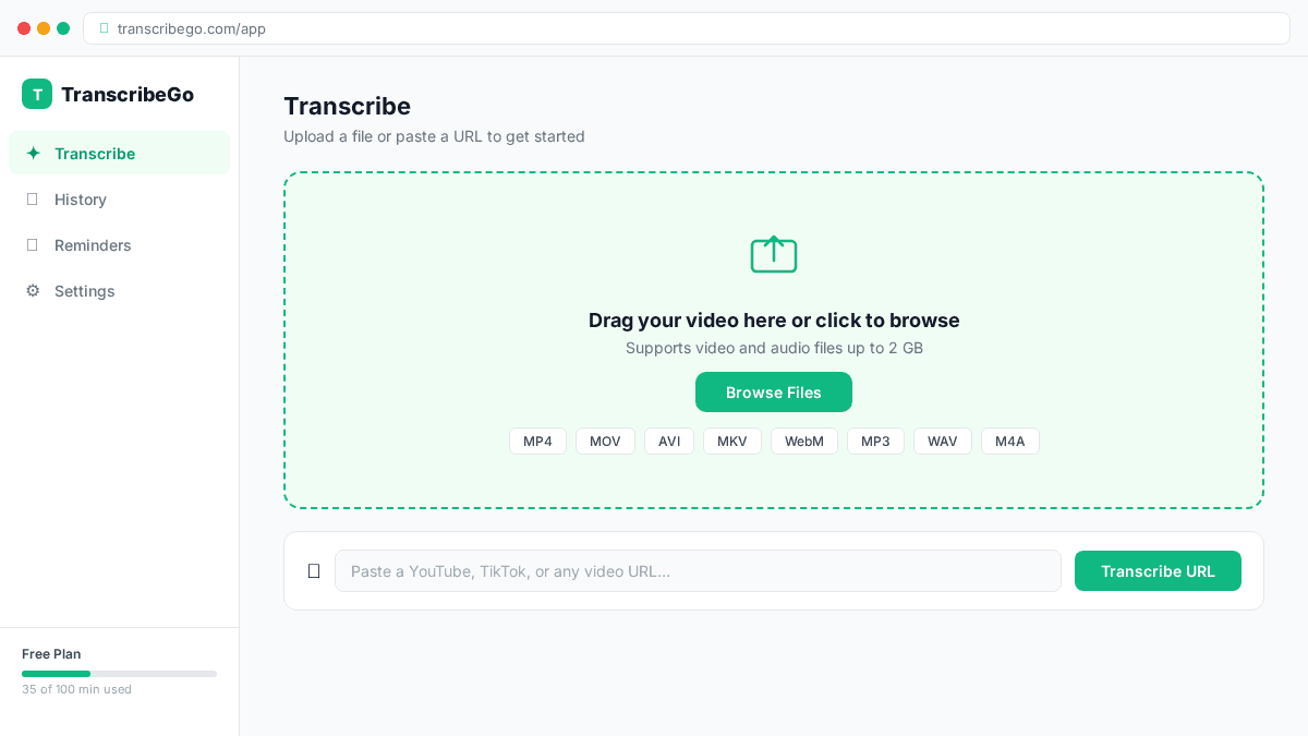 TranscribeGo main screen with the drag-and-drop upload area