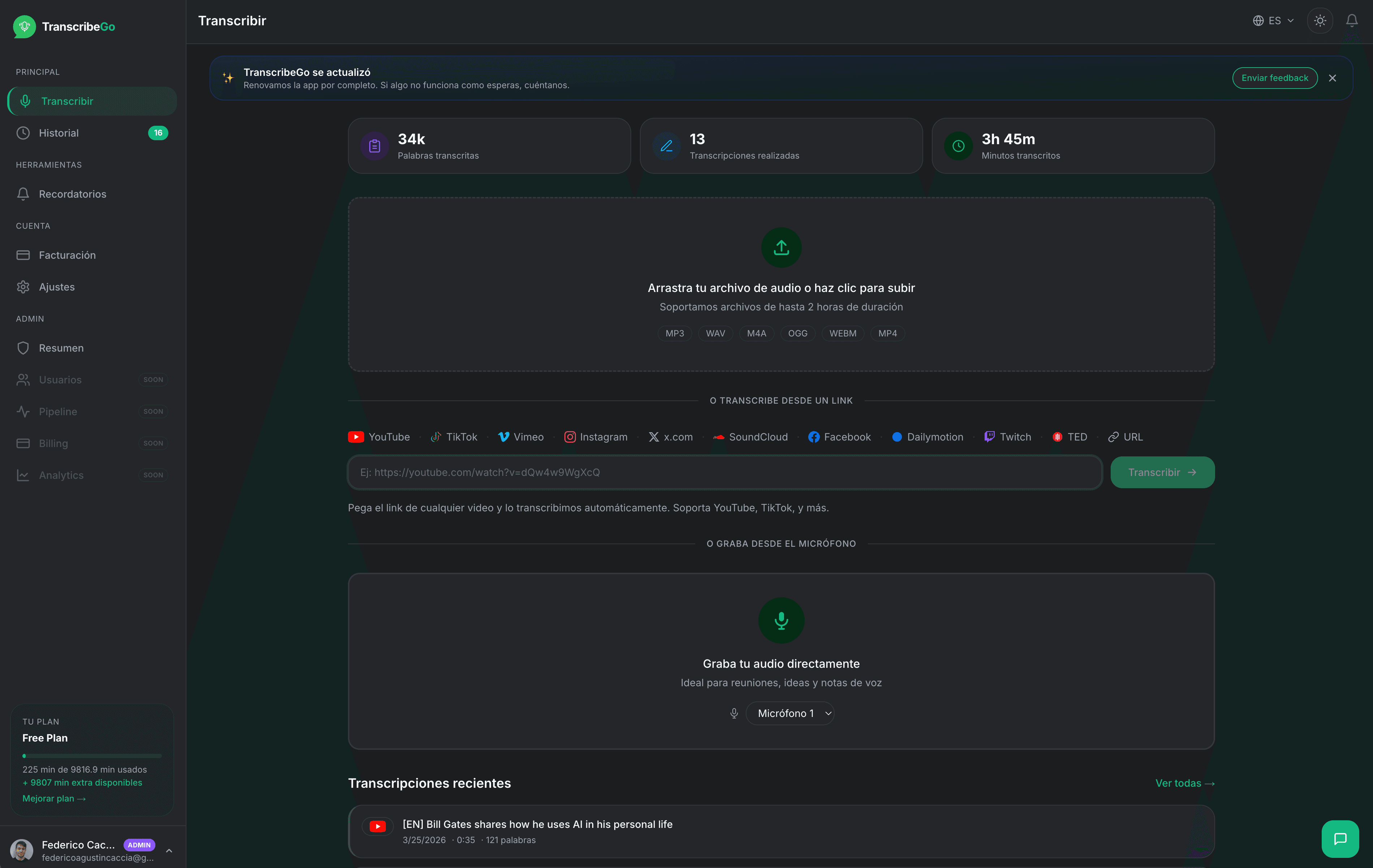 Giao diện TranscribeGo hiển thị khu vực kéo và thả để tải lên cho việc tạo phụ đề video