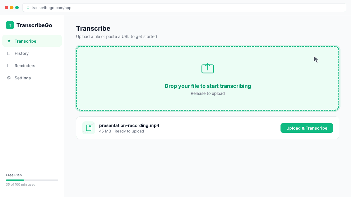 Video file being dragged onto the TranscribeGo upload zone