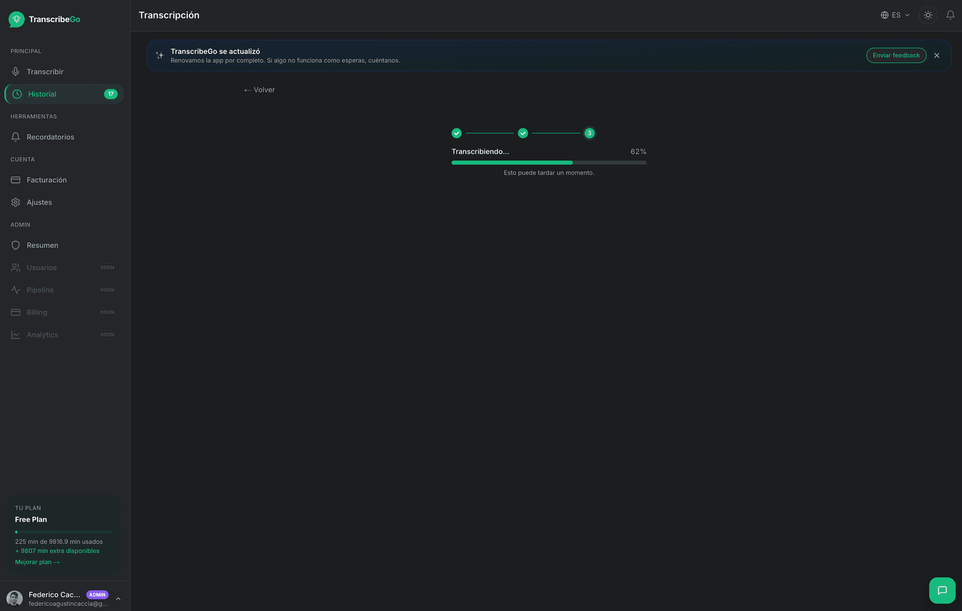 TranscribeGo đang xử lý phiên âm video