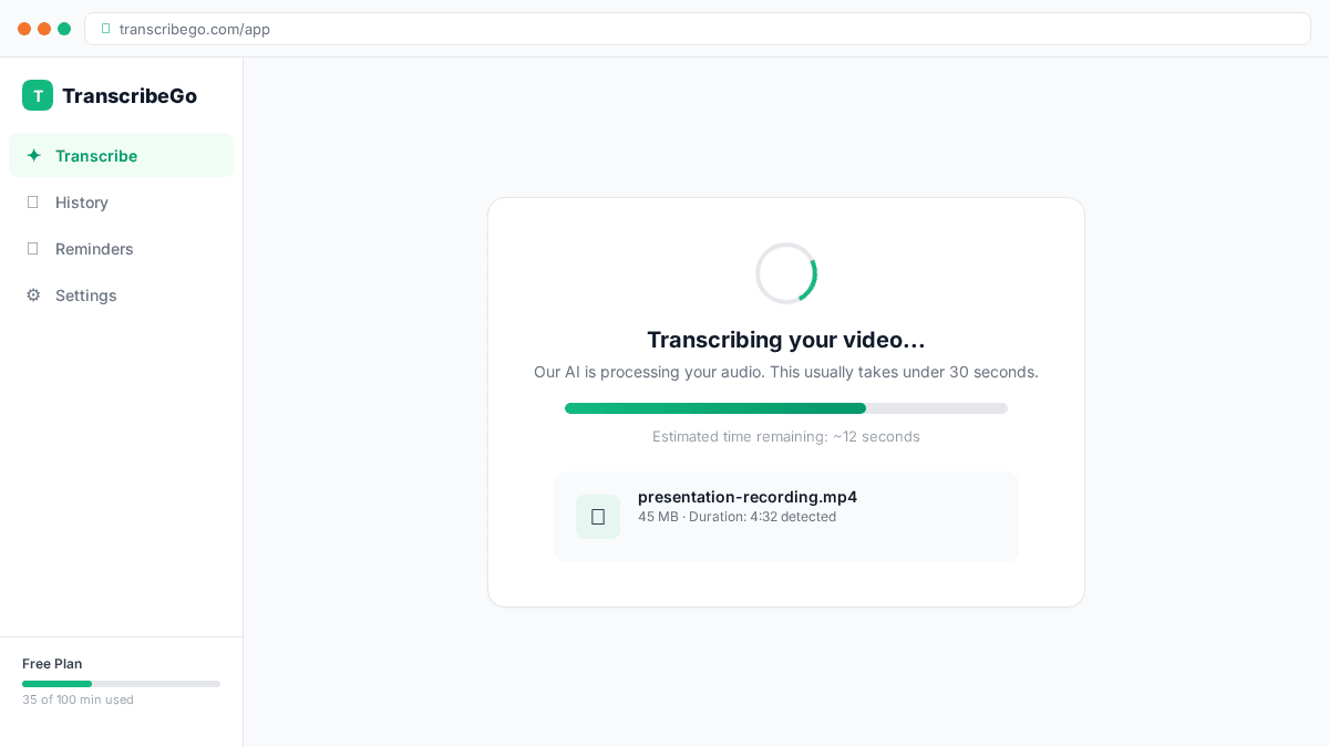 TranscribeGo processing a video transcription