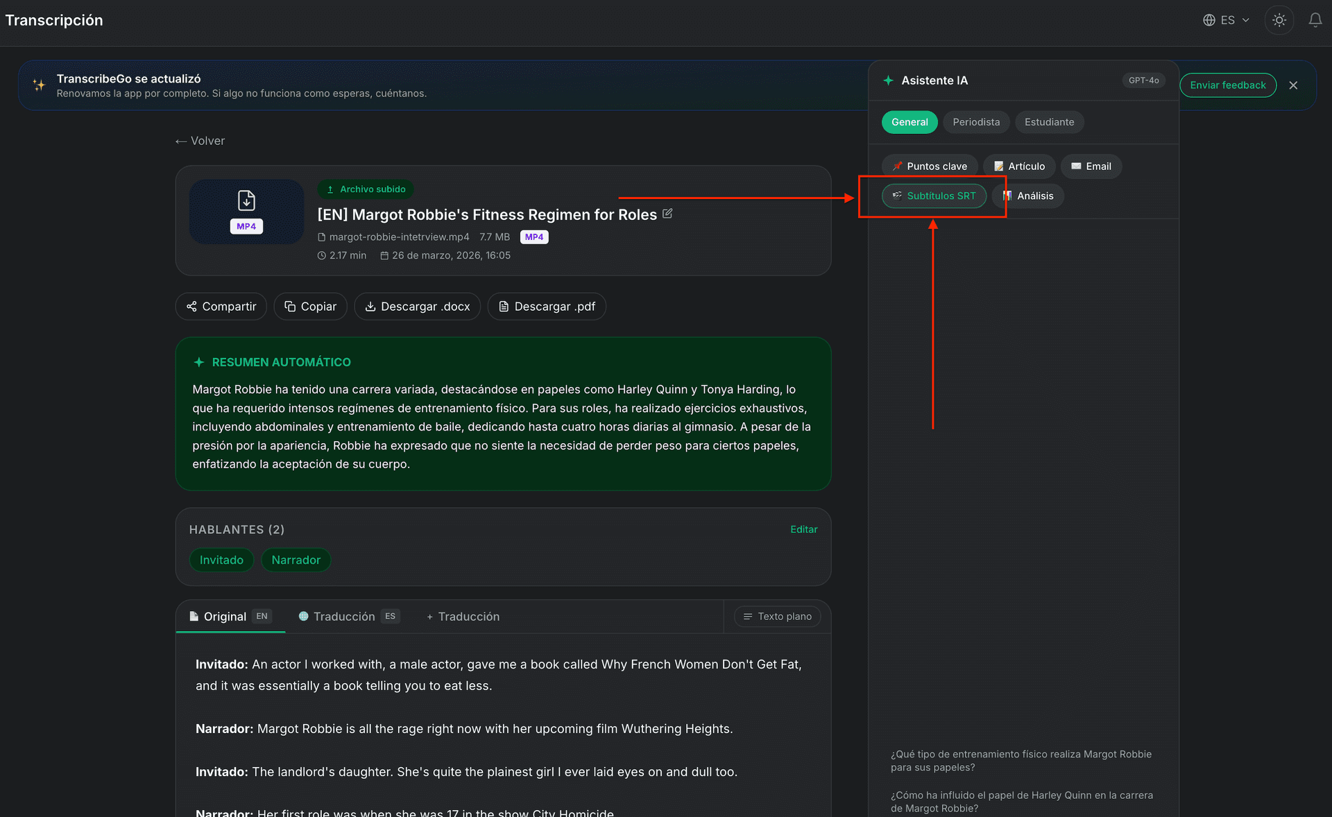 Phiên âm hoàn tất với nút Tải xuống SRT hiển thị