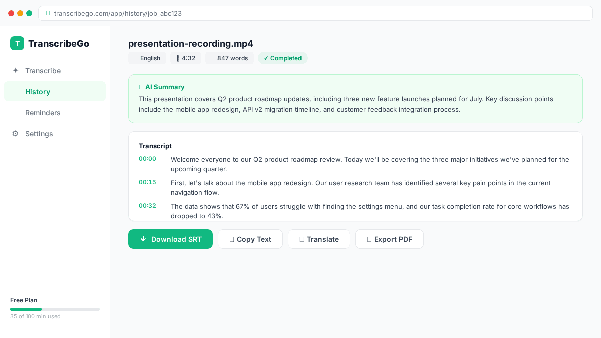 Completed transcription with Download SRT button visible