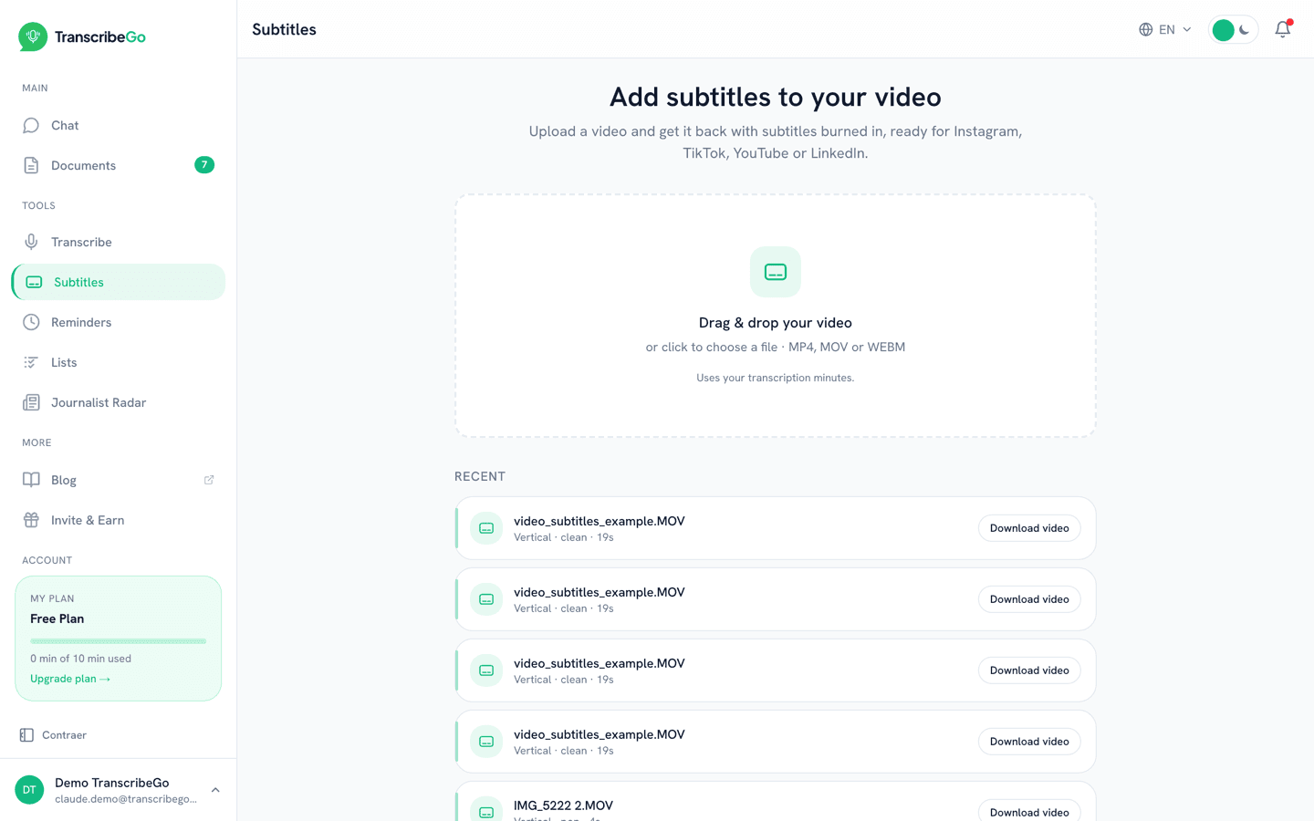 TranscribeGo Subtitles tool with the drag and drop area for a video