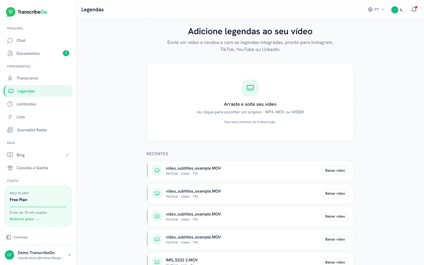 Ferramenta de Legendas do TranscribeGo com a área para arrastar e soltar o vídeo