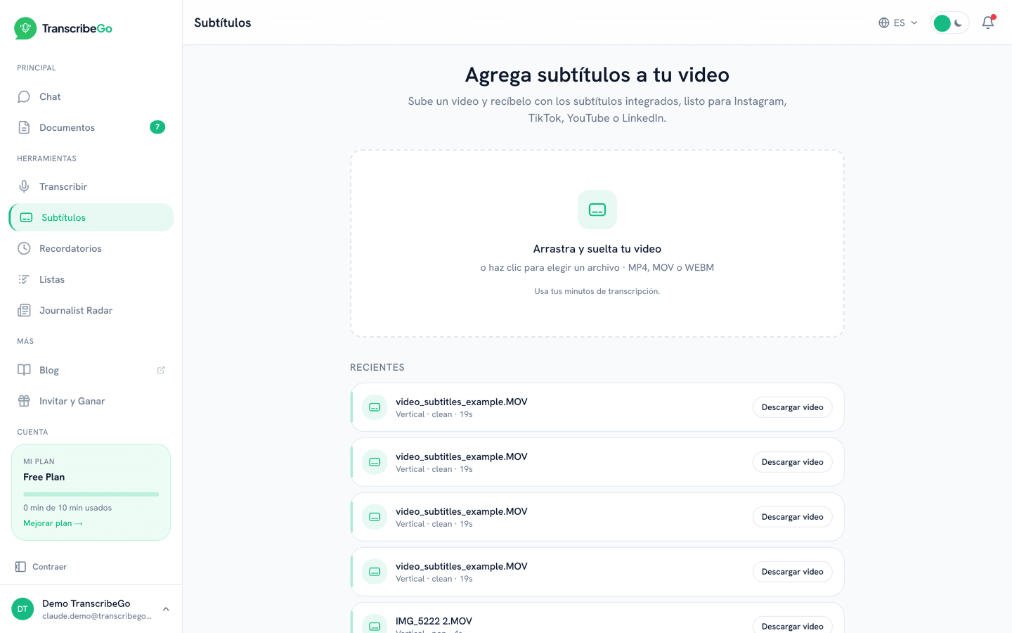 Herramienta de Subtítulos de TranscribeGo con la zona para arrastrar y soltar el video
