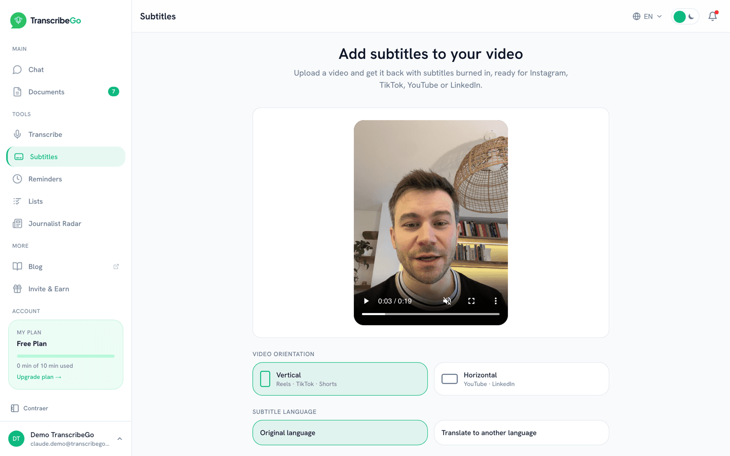 Video preview with the orientation and subtitle language options