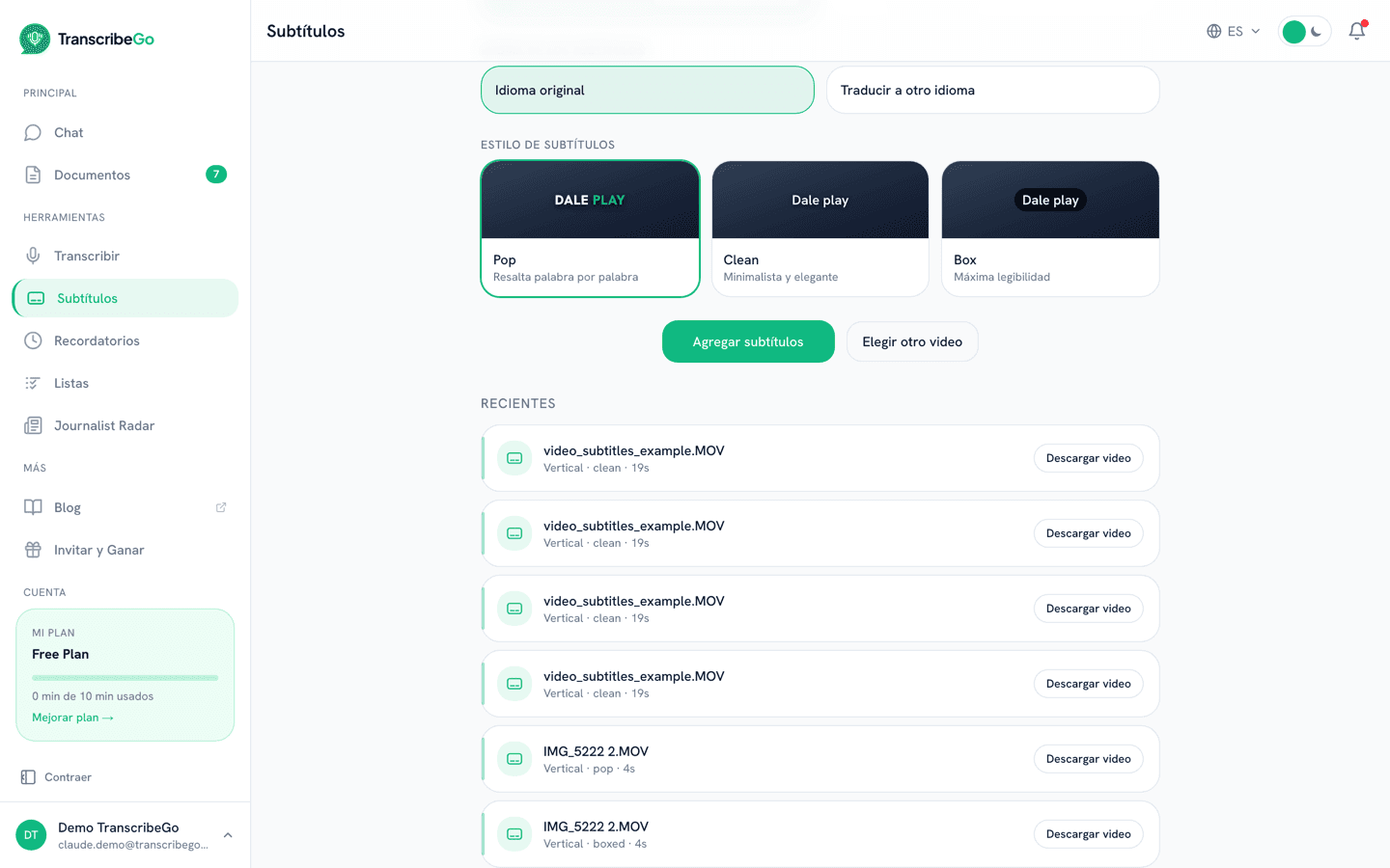 Estilos de subtítulos Pop, Clean y Box, con el botón Agregar subtítulos