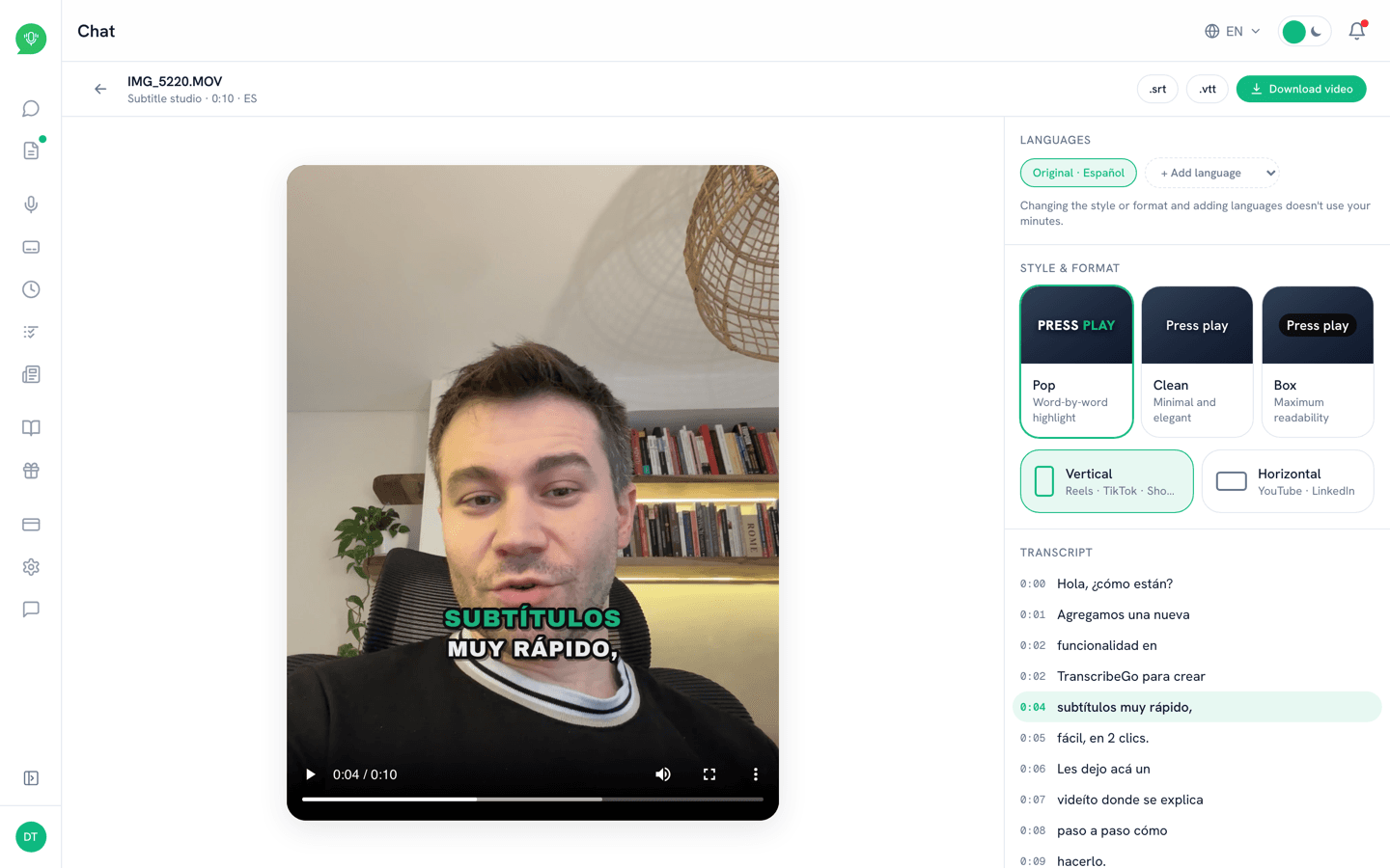 Subtitle studio with the finished video, languages, styles and transcript