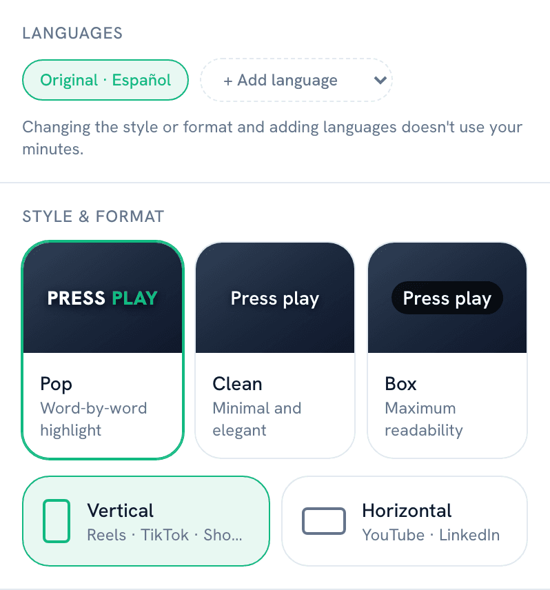 Studio panel with the language selector and the style and format controls