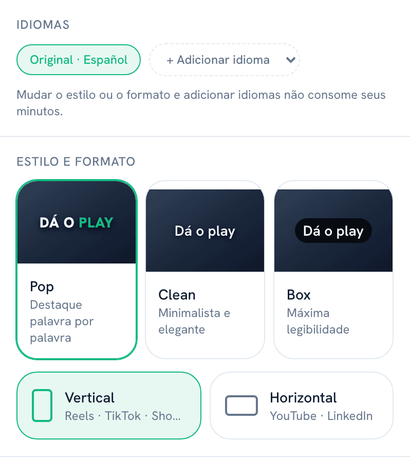 Painel do estúdio com o seletor de idiomas e os controles de estilo e formato