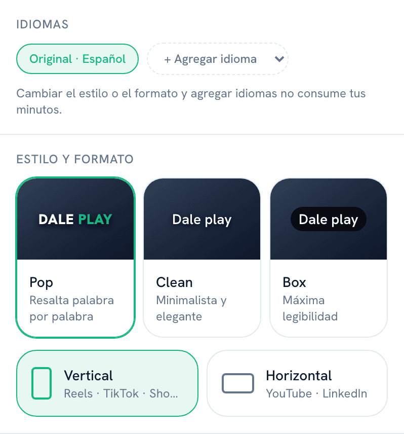Panel del estudio con el selector de idiomas y los controles de estilo y formato