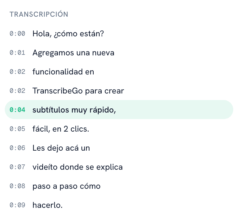 Transcripción con marcas de tiempo del video subtitulado