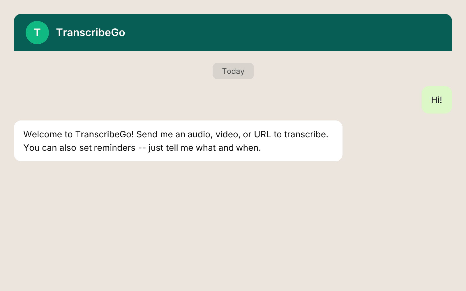 WhatsApp contact search showing TranscribeGo bot