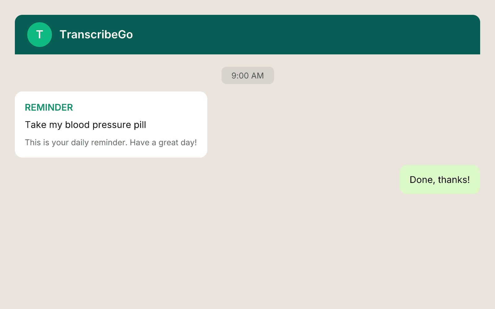 WhatsApp notification showing the daily medication reminder from TranscribeGo arriving at the scheduled time