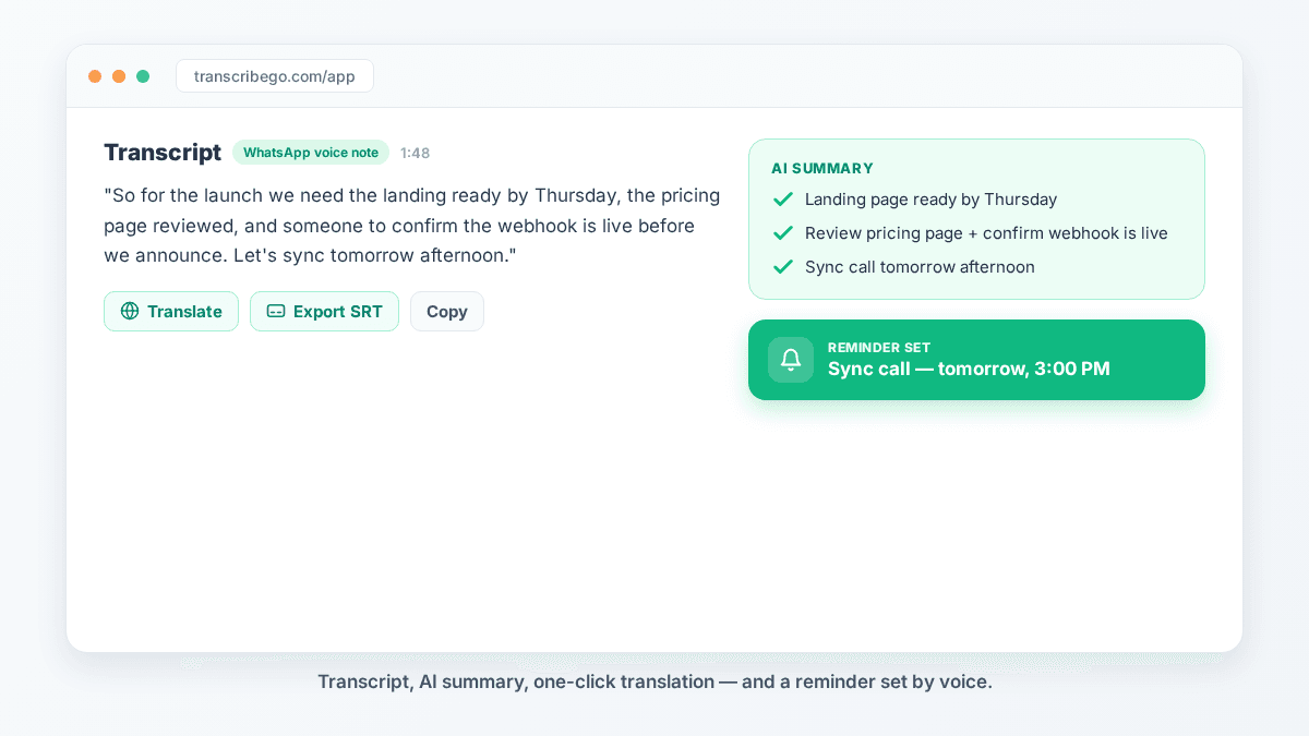 Visualização de transcrição do TranscribeGo com um resumo por IA, um botão de tradução com um clique e um lembrete criado por voz
