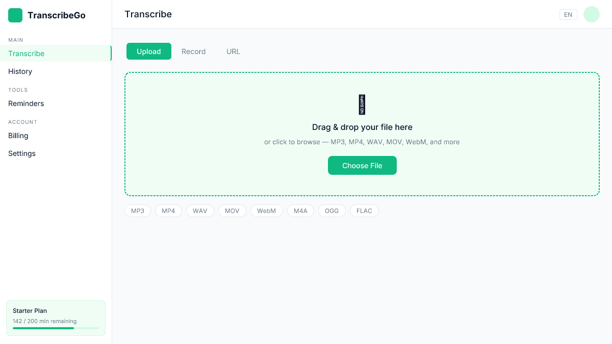 Interface de téléchargement de TranscribeGo montrant la zone de glisser-déposer pour les fichiers vidéo