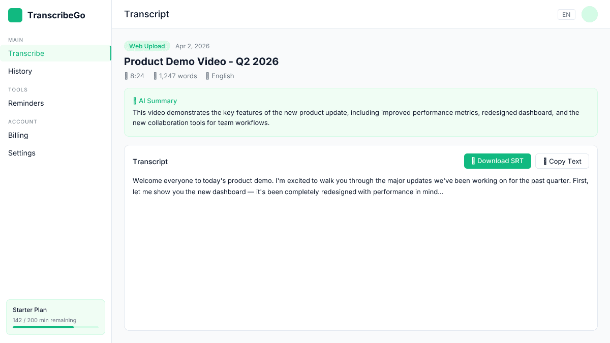 Résultat de transcription de TranscribeGo montrant le bouton de téléchargement SRT et l'aperçu de la transcription