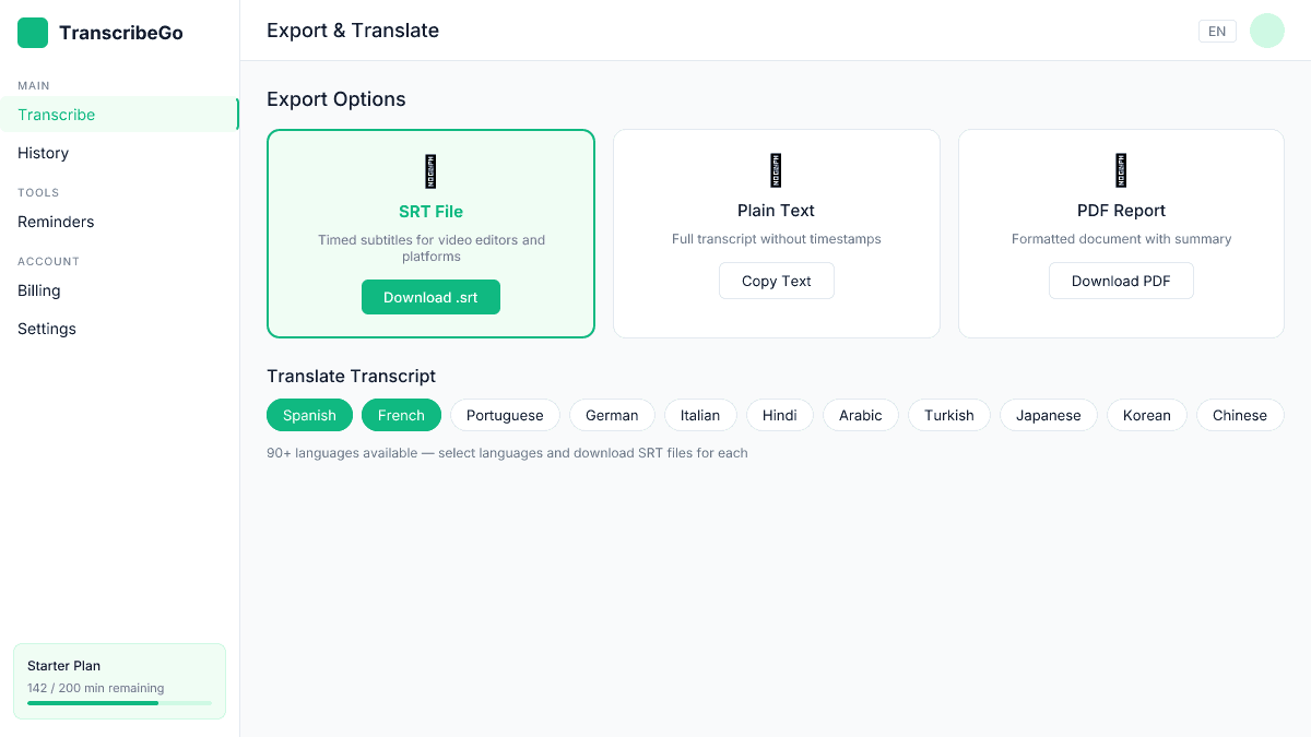 Options d'exportation de TranscribeGo montrant le téléchargement SRT, la copie de texte et les fonctionnalités de traduction