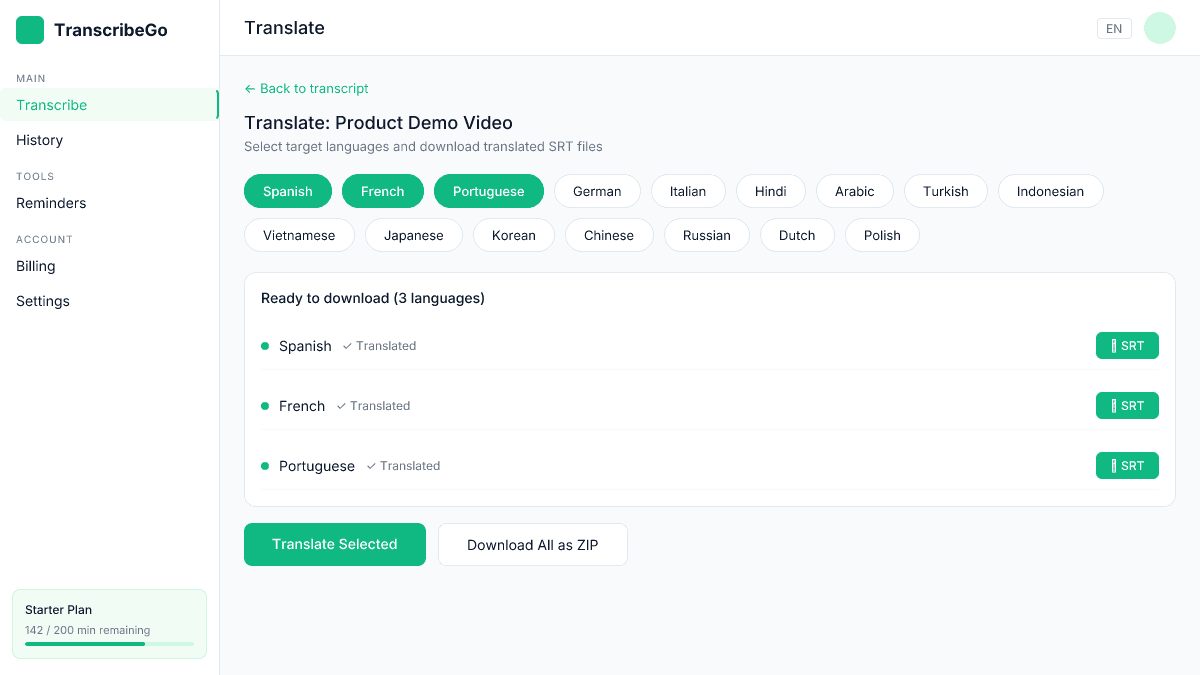 Interface de traduction de TranscribeGo montrant des sélections de langue pour traduire une transcription