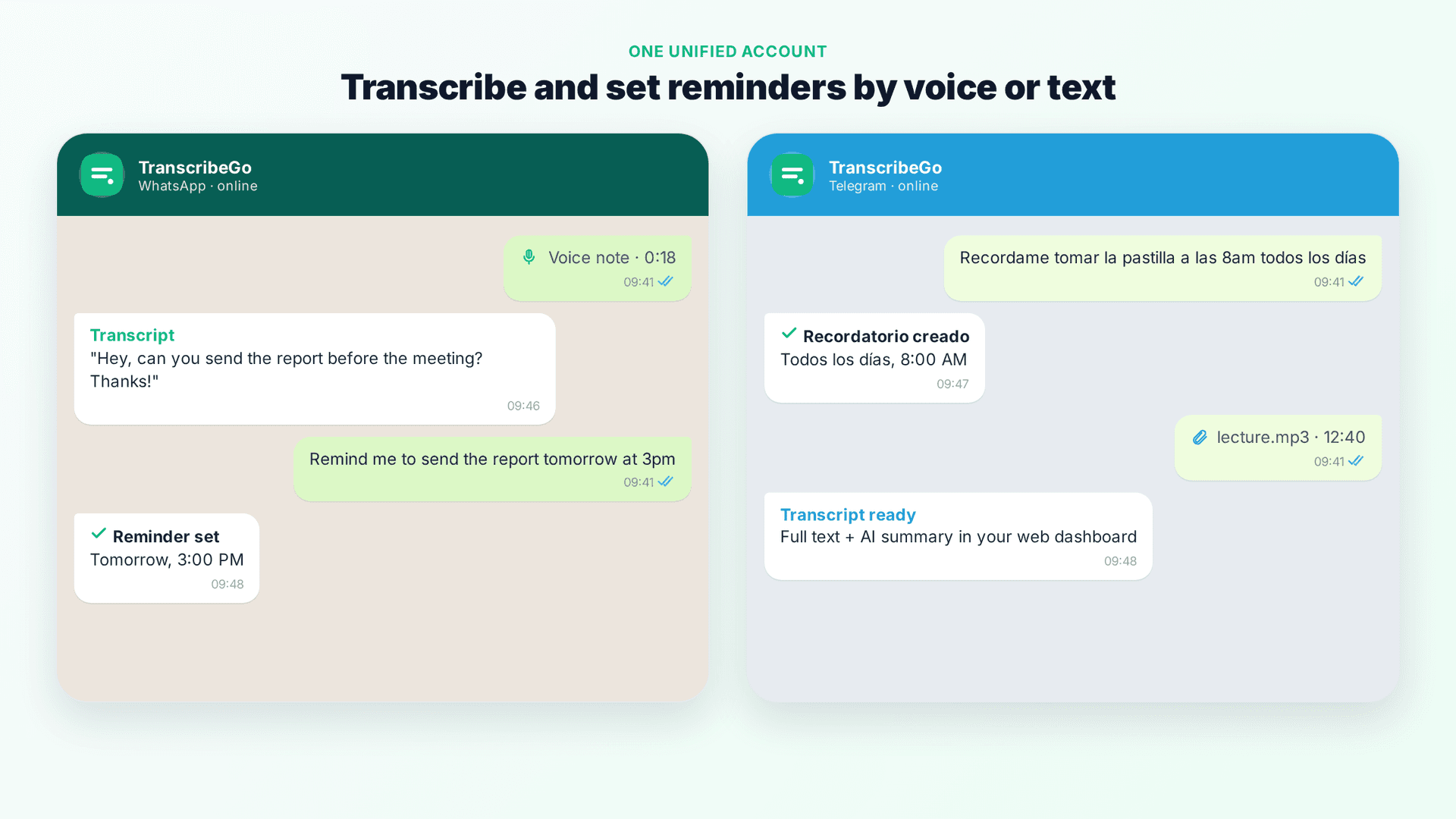 Mockups de chat do WhatsApp e do Telegram mostrando uma nota de voz sendo transcrita e um lembrete recorrente sendo configurado