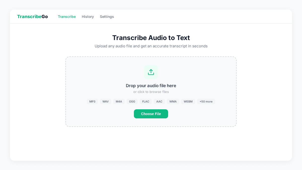 TranscribeGo upload interface with drag-and-drop area for audio files