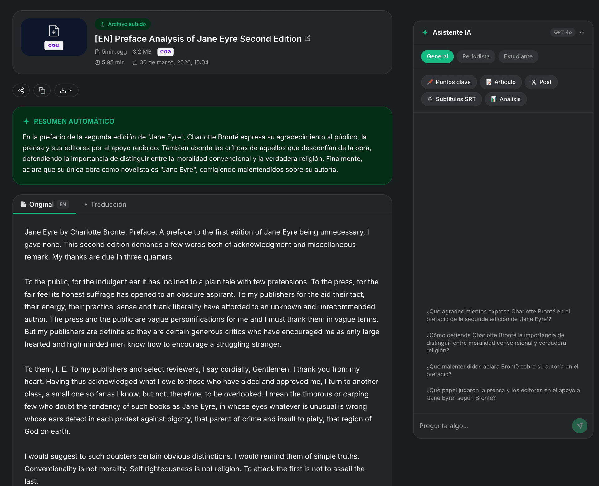 Pagina dei risultati di TranscribeGo che mostra una trascrizione audio completata con riepilogo AI e metadati