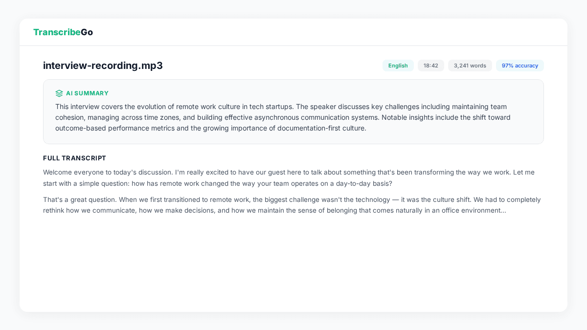 TranscribeGo result page showing a completed audio transcription with AI summary and metadata