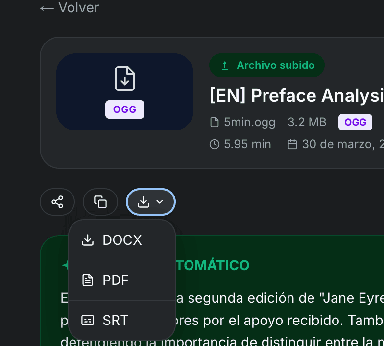 Opzioni di esportazione di TranscribeGo che mostrano i pulsanti copia, download SRT e traduci