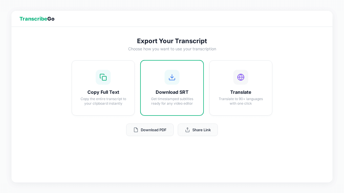 TranscribeGo Exportoptionen zeigen Kopieren, SRT-Download und Übersetzungsbuttons