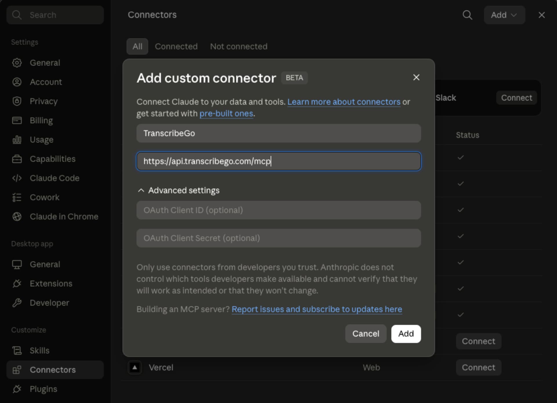 The Add custom connector dialog with TranscribeGo as the name and https://api.transcribego.com/mcp as the URL