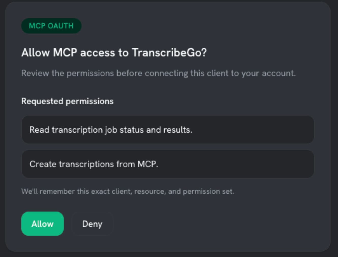 A tela de OAuth do MCP do TranscribeGo pedindo para permitir o acesso, listando as permissões de ler o status dos trabalhos e criar transcrições