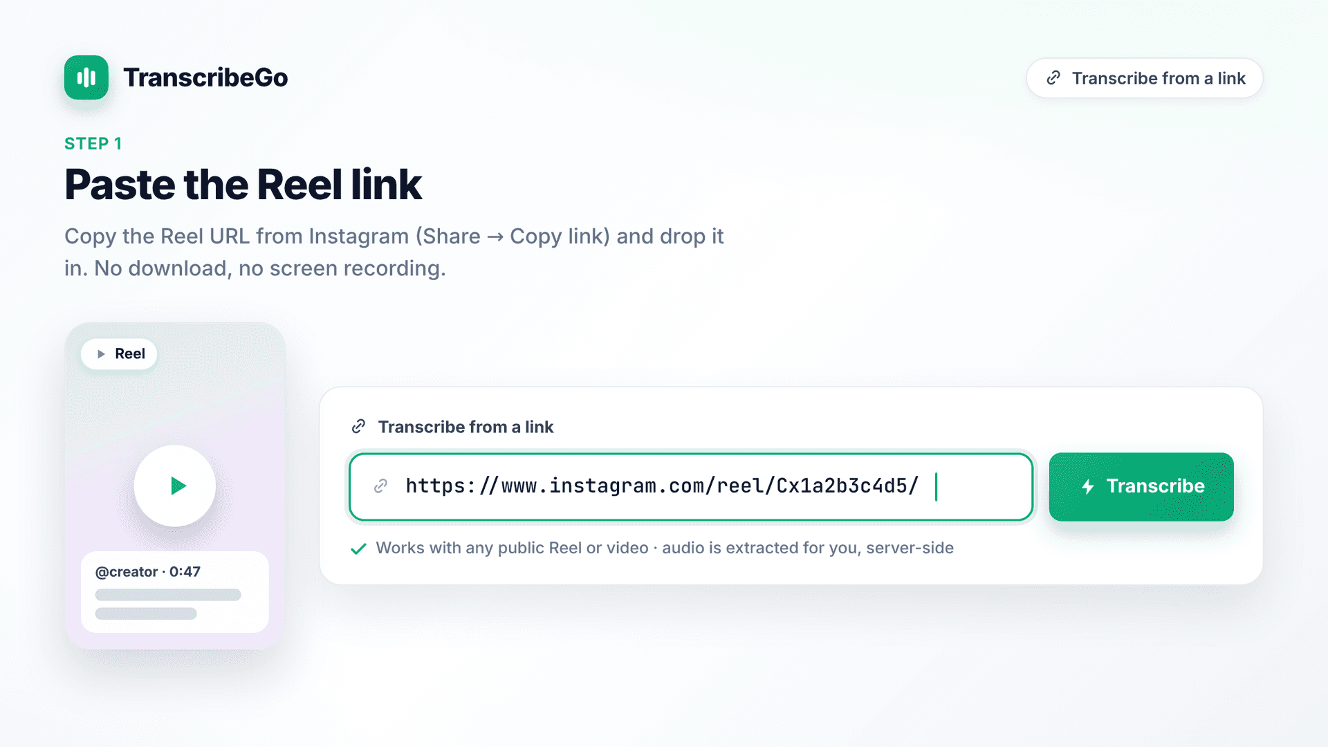 Colando a URL de um Reel do Instagram no campo de transcrição do TranscribeGo