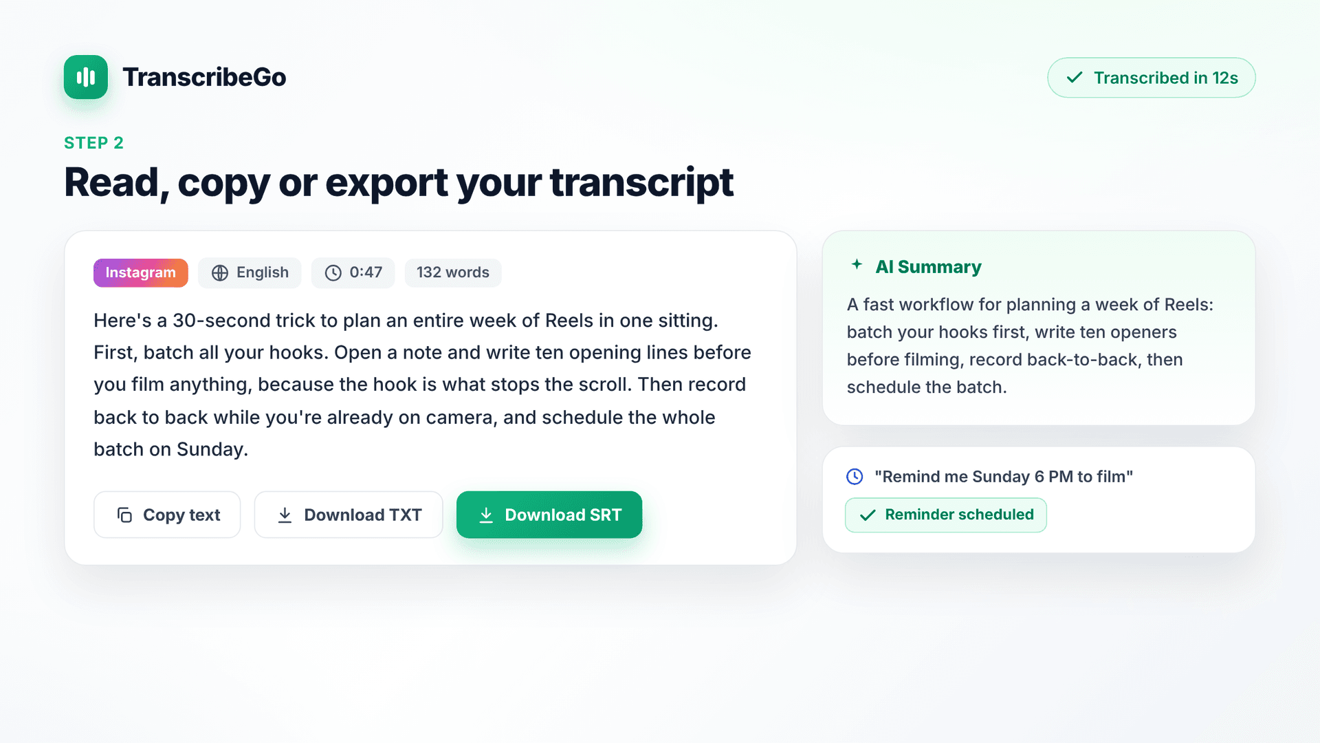 Página de resultado do TranscribeGo mostrando a transcrição de um Reel do Instagram com resumo de IA e opções de exportação